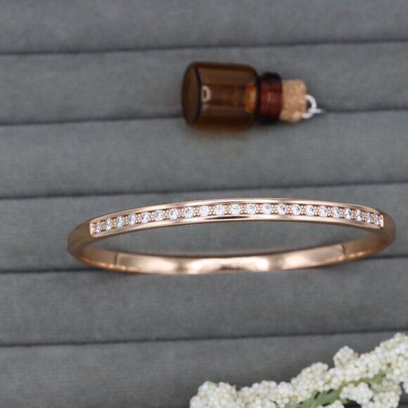 Elegant Rose Gold Bangle with CZ Stones in Sleek Minimal Design, XPBL0415 - Picture 11 of 11